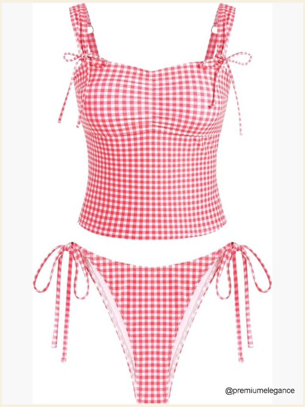 Gingham Bow Decor Ruched Tankini Set Tummy Control 2 Piece Bathing Suits